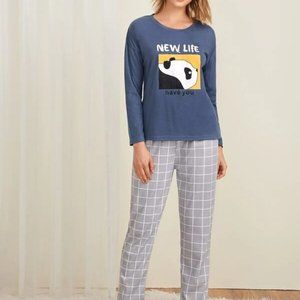 Panda Graphic Plaid Pajama Set